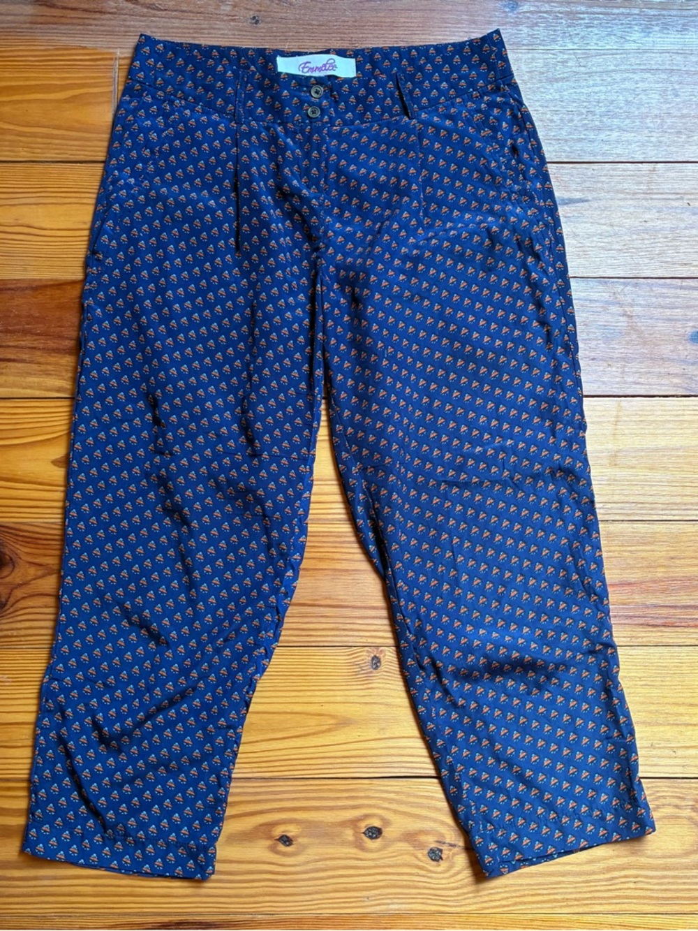 Emmelee for F.C. Silk Navy Cropped Pants with Rust Micro-Print, EUC, 8